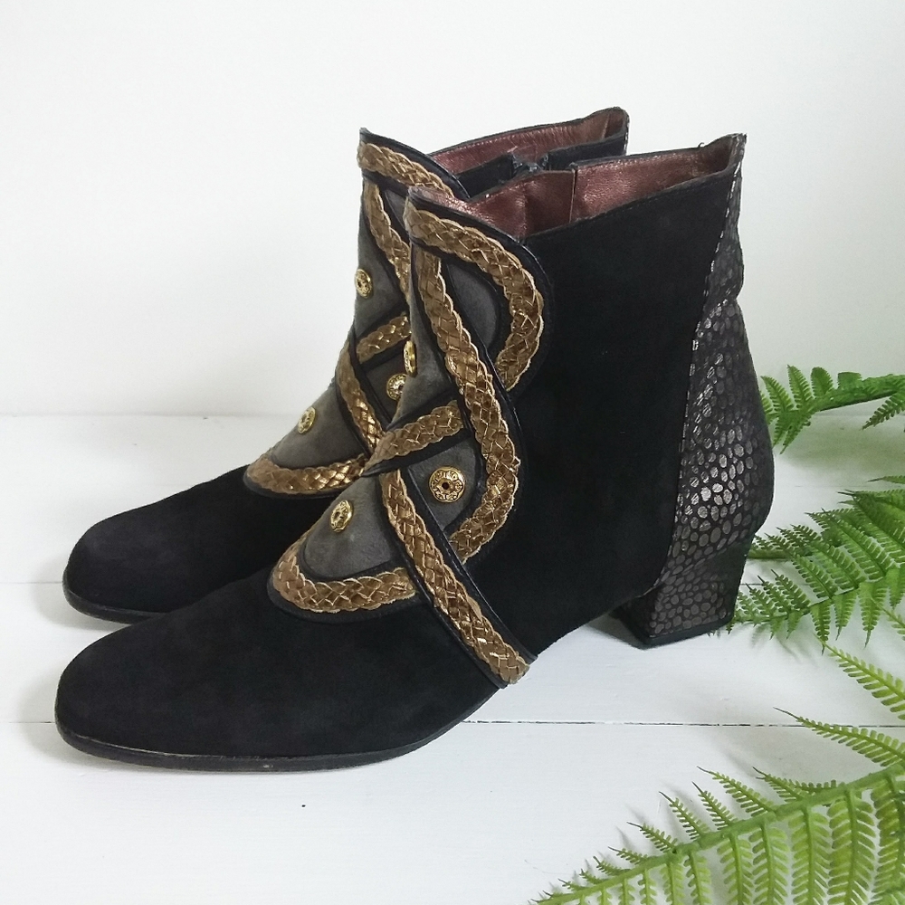 Gomez Riva Black Suede Ankle Boots with Gold Braid Detail 7.5